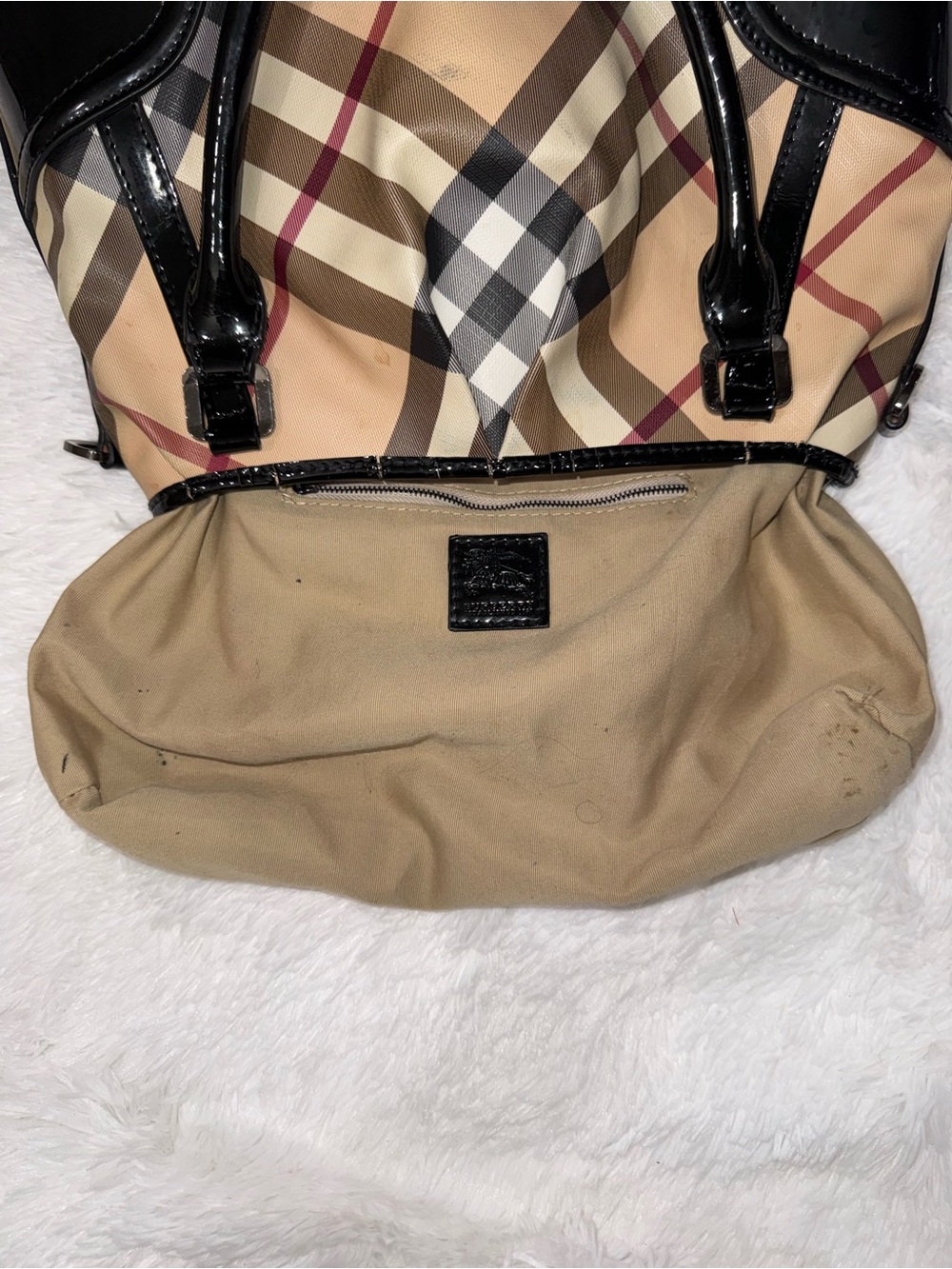 Burberry Beige Plaid Satchel with Black Patent Trim - Picture 12 of 16